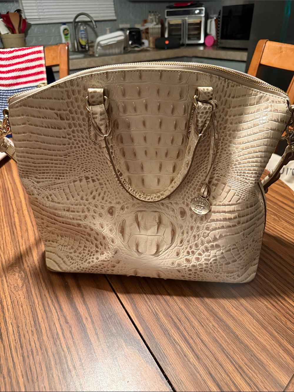Croc-Embossed Dome Satchel in Cream with Gold Accents